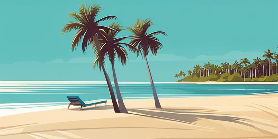 Playa tropical con palmeras, aguas cristalinas y arena blanca.