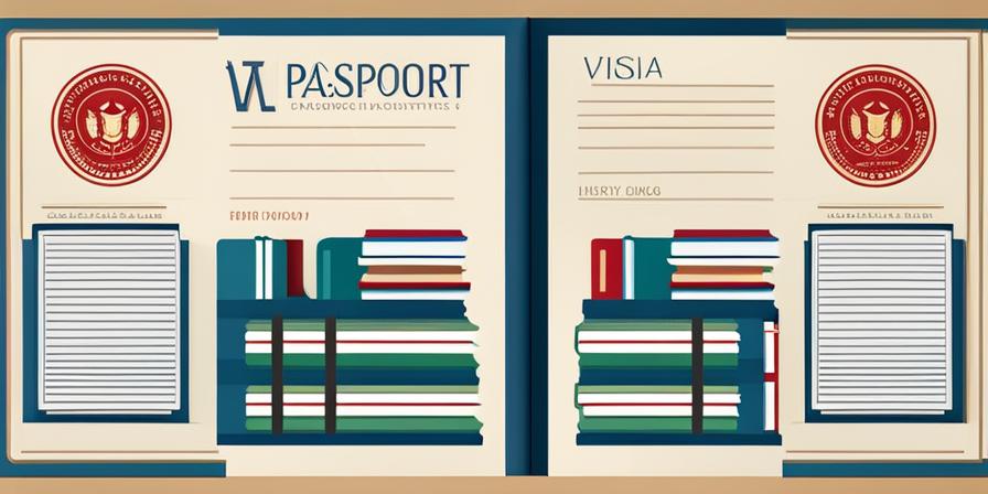 Un pasaporte abierto con sello de visa y libros de estudio