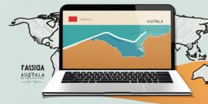 Laptop con pasaporte y mapa de Australia