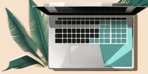 Computadora portátil en una playa tropical con código en la pantalla