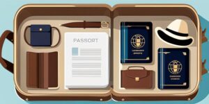 Una maleta abierta con documentos y pasaporte