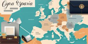 Mapa de España con computadora portátil y viaje
