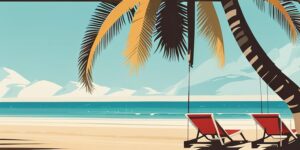 Ordenador portátil en una playa paradisíaca, palmeras y mar azul