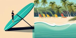 Ordenador portátil en playa con palmeras y surfistas