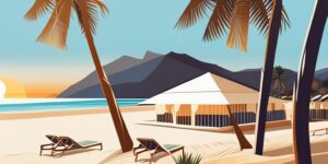 Playa tropical con laptops y palmeras
