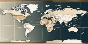 Pluma y computadora conectados por un mapa mundial