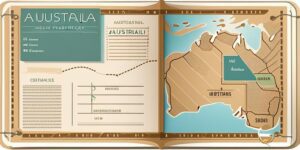 Pasaporte abierto con sellos y mapa de Australia