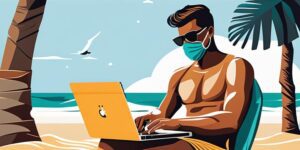 Persona trabajando en la playa mexicana con laptop