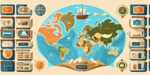 Mapa mundial con iconos de trabajos digitales y una casa