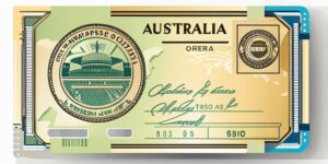 Pasaporte abierto con visa y billetes australianos