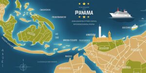 Mapa de Panamá con visa dorada y dispositivos digitales