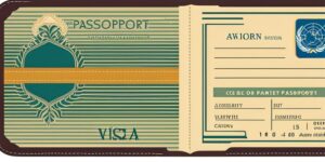 Pasaporte abierto con visa de trabajo y billete de avión