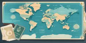 Mapa de Oceanía con maletas y pasaportes para visa de trabajo y viaje